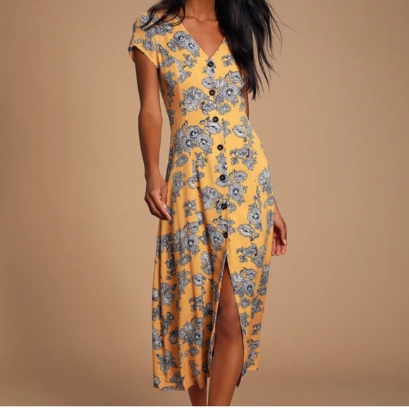 Lulus Dresses & Skirts - Lulu’s Lucinda Yellow Floral  Button Front Dress M